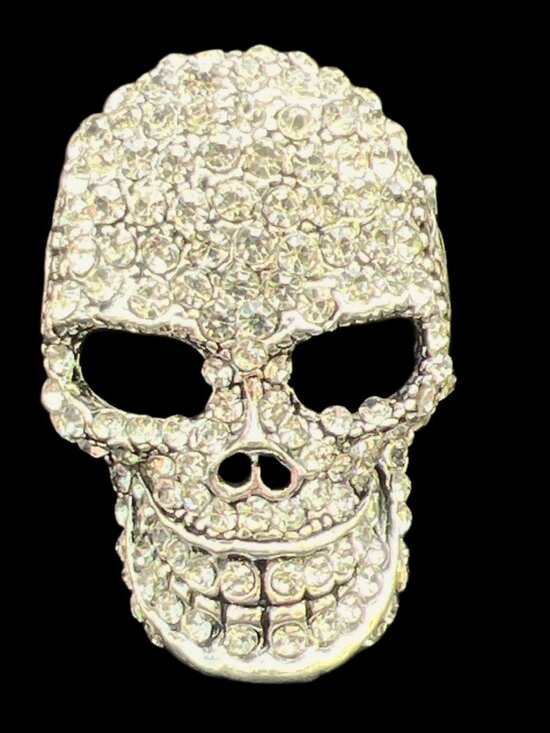 Unknown Jewelry - Vintage Rhinestone-Encrusted Skull Brooch Pin Silver Tone 2 Inch Sparkling State